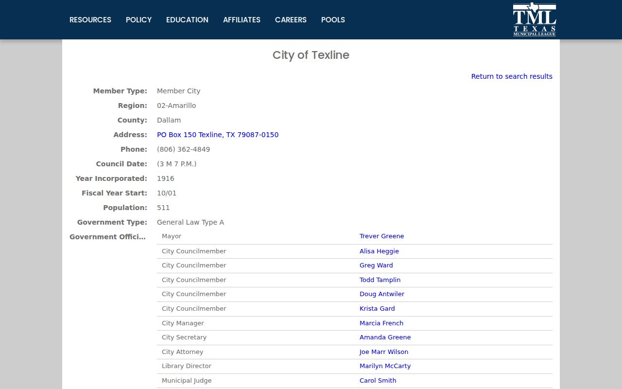 Official Texline municipal directory information for Dallam County city-court warrants