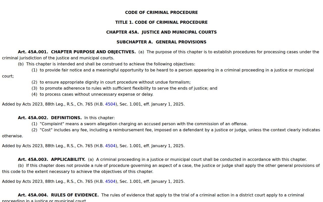 Current Texas Chapter 45A rules used by Dallam County courts for warrant records