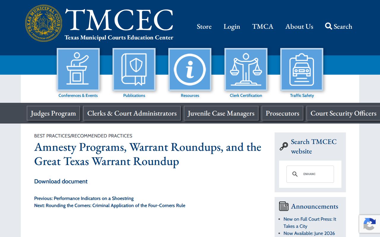 Texas Municipal Courts Education Center background informing Dallam County warrant roundup research